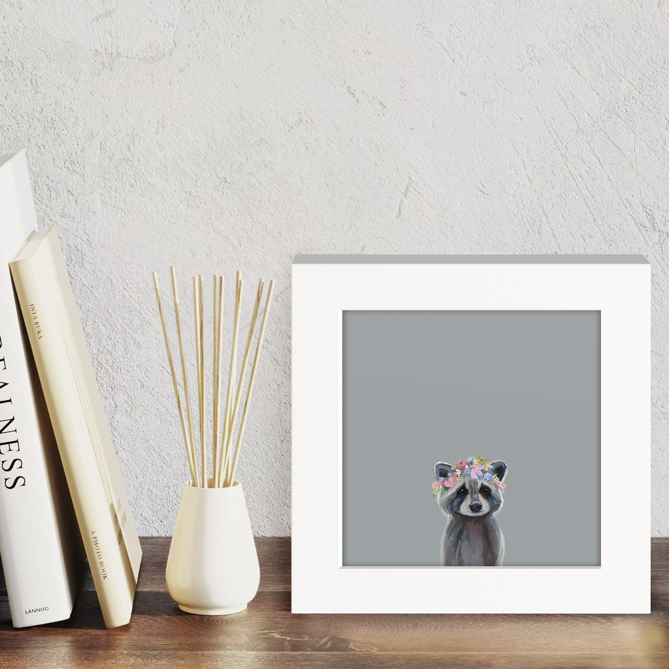 Baby Raccoon with Flowers Happy Square