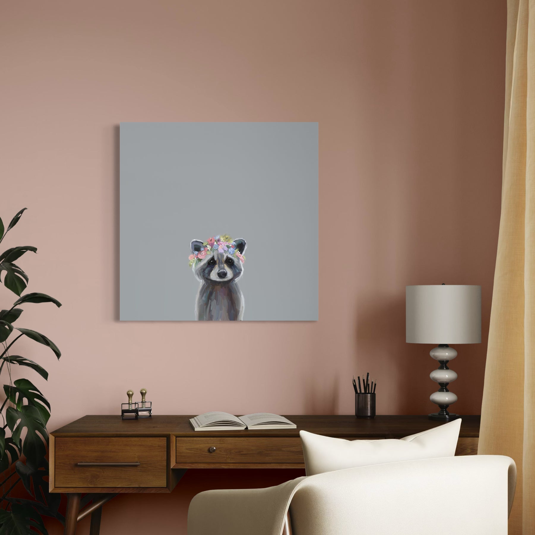 Baby Raccoon with Flowers Canvas Wrap