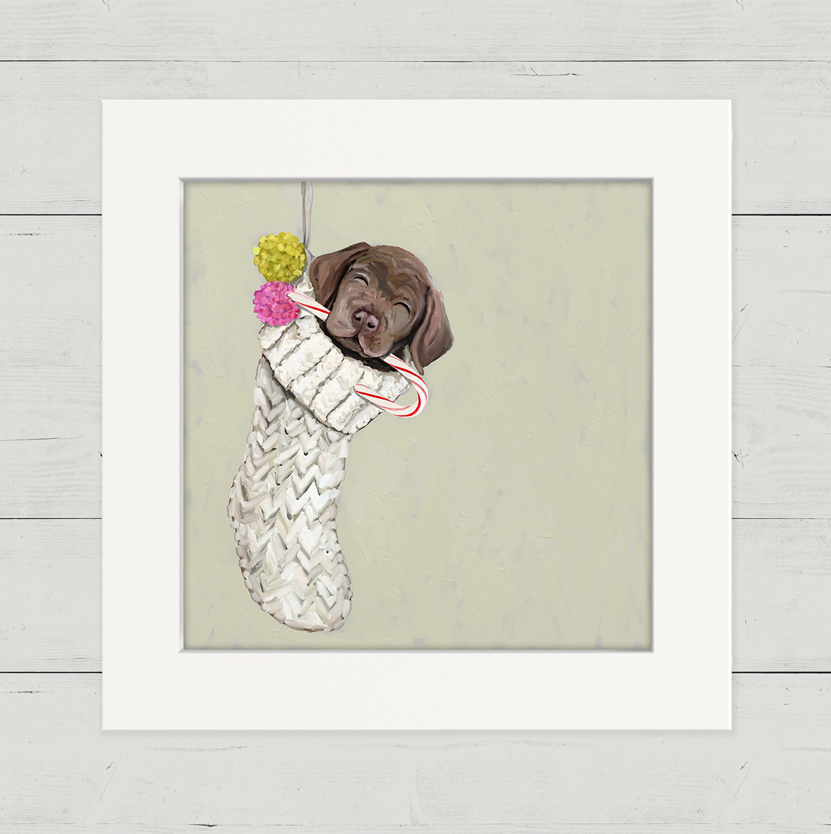Chocolate Lab Pup in Stocking Happy Square