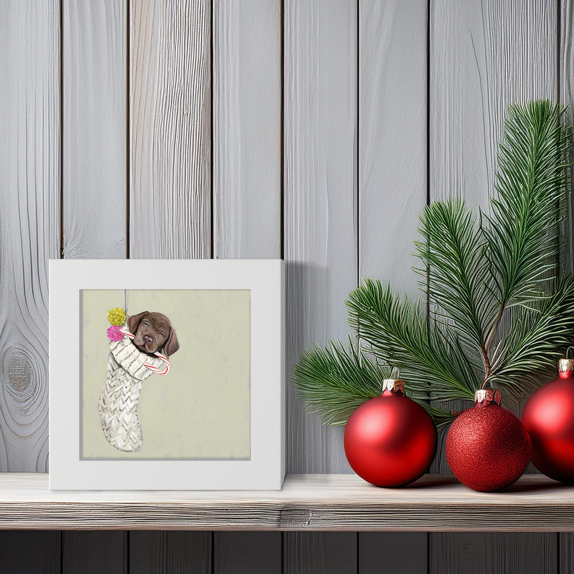 Chocolate Lab Pup in Stocking Happy Square