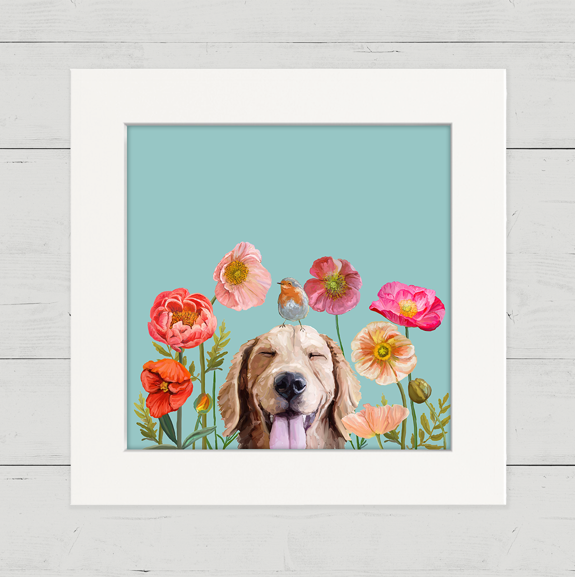 Dogs and Birds - Golden on Blue Happy Square™
