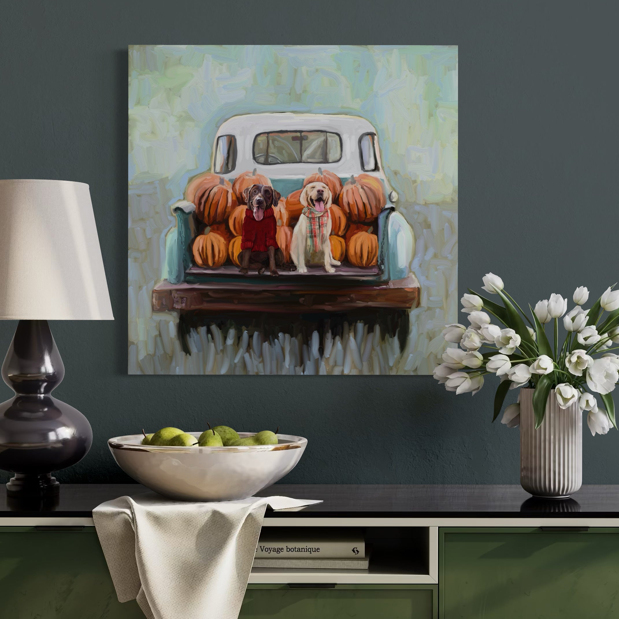 Fall Lab Pups in Truck Canvas Wrap