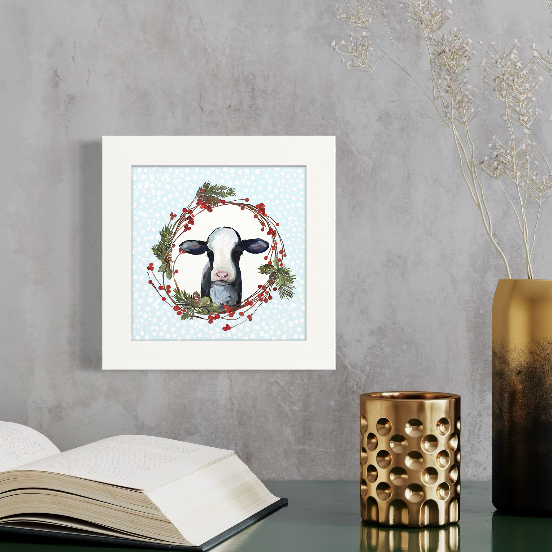 Festive Cow Wreath Happy Square