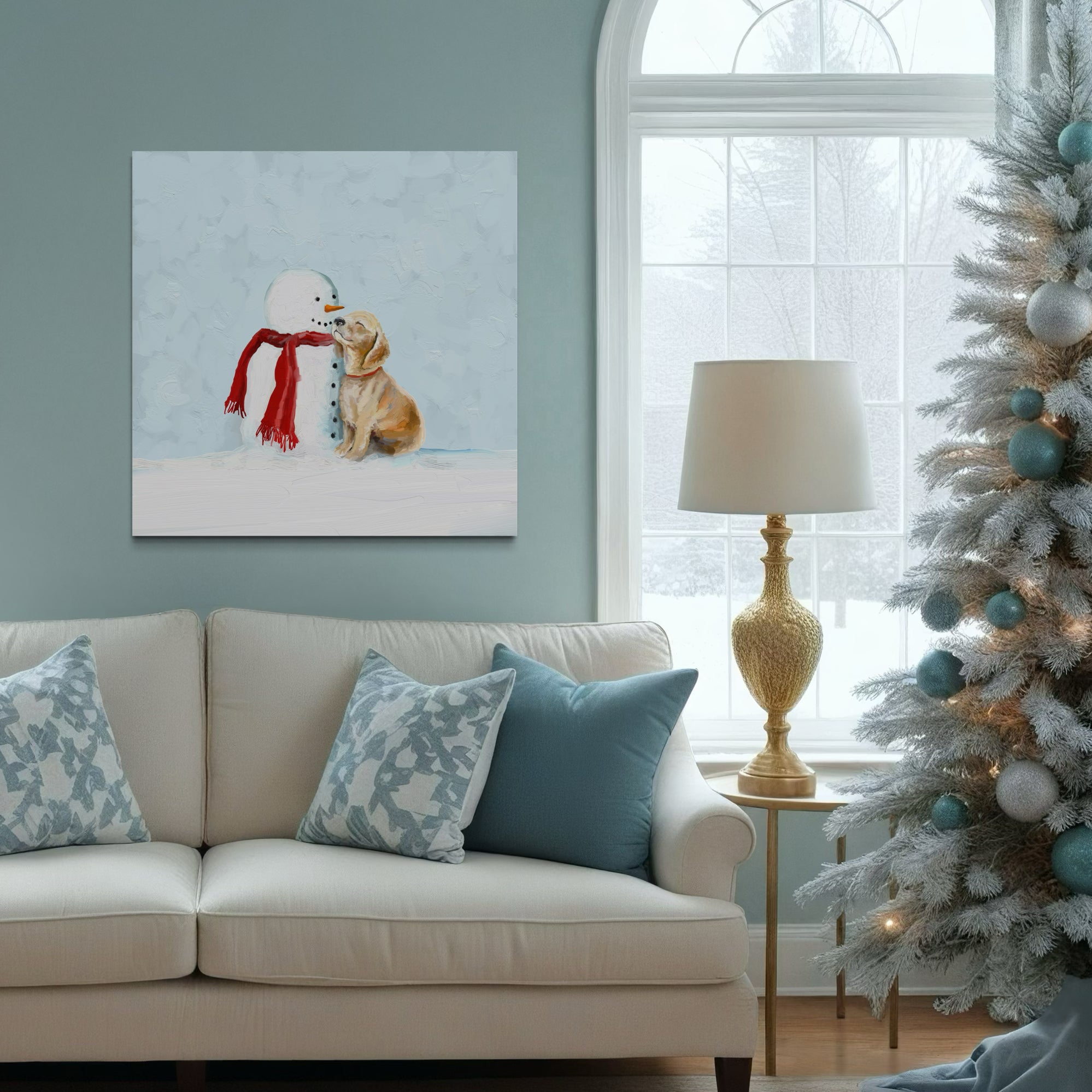 Festive Puppy and Snowman Canvas Wrap