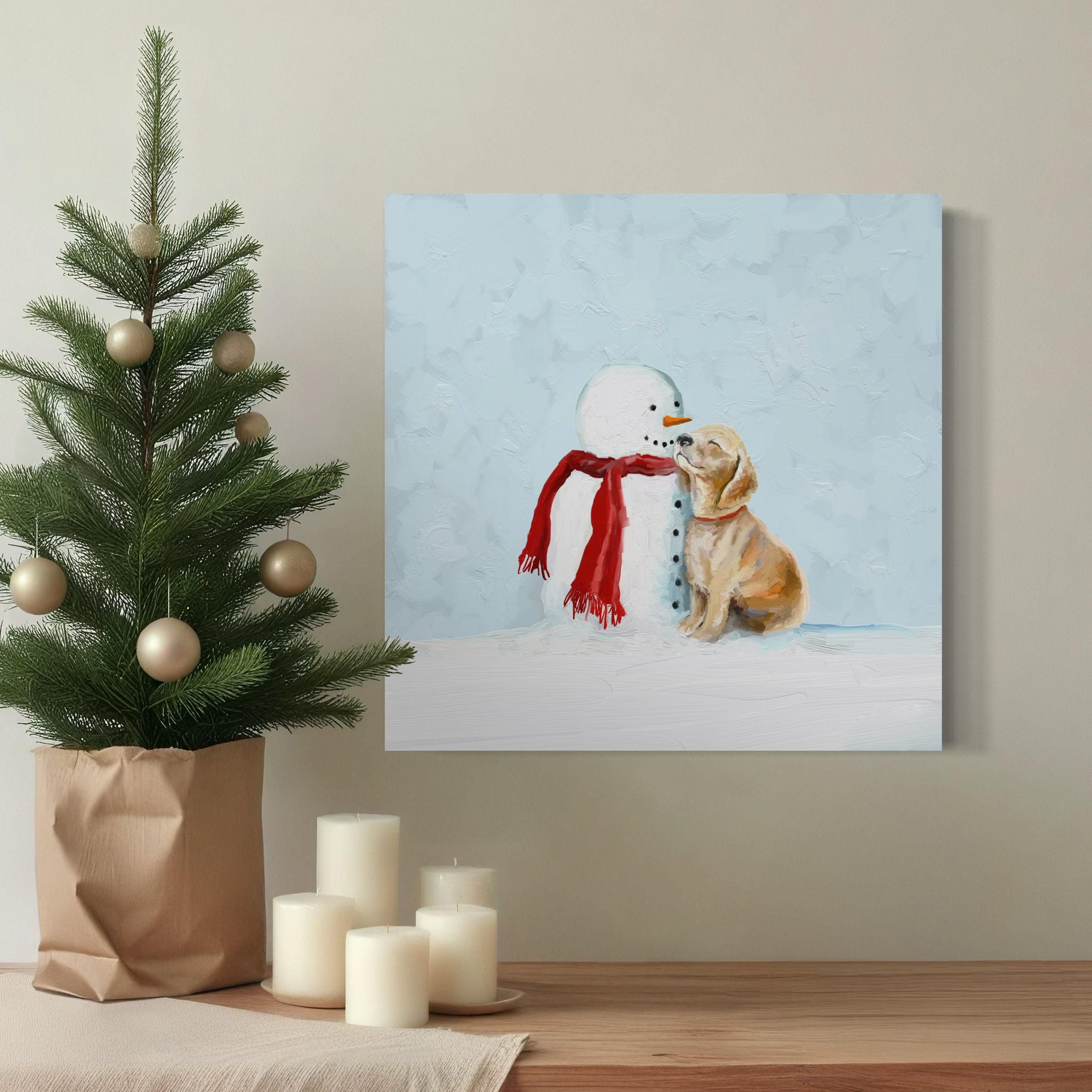Festive Puppy and Snowman Canvas Wrap