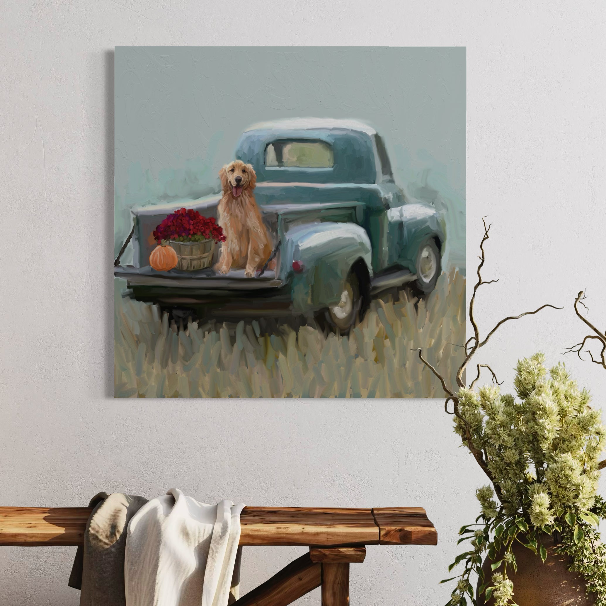 Golden Pup in Truck Canvas Wrap