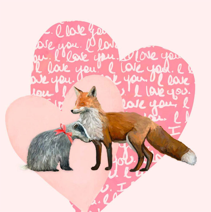 Valentine Fox And Badger Stretched Canvas Wall Art