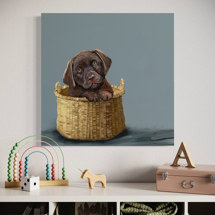 Chocolate Pup in a Basket Canvas Wrap