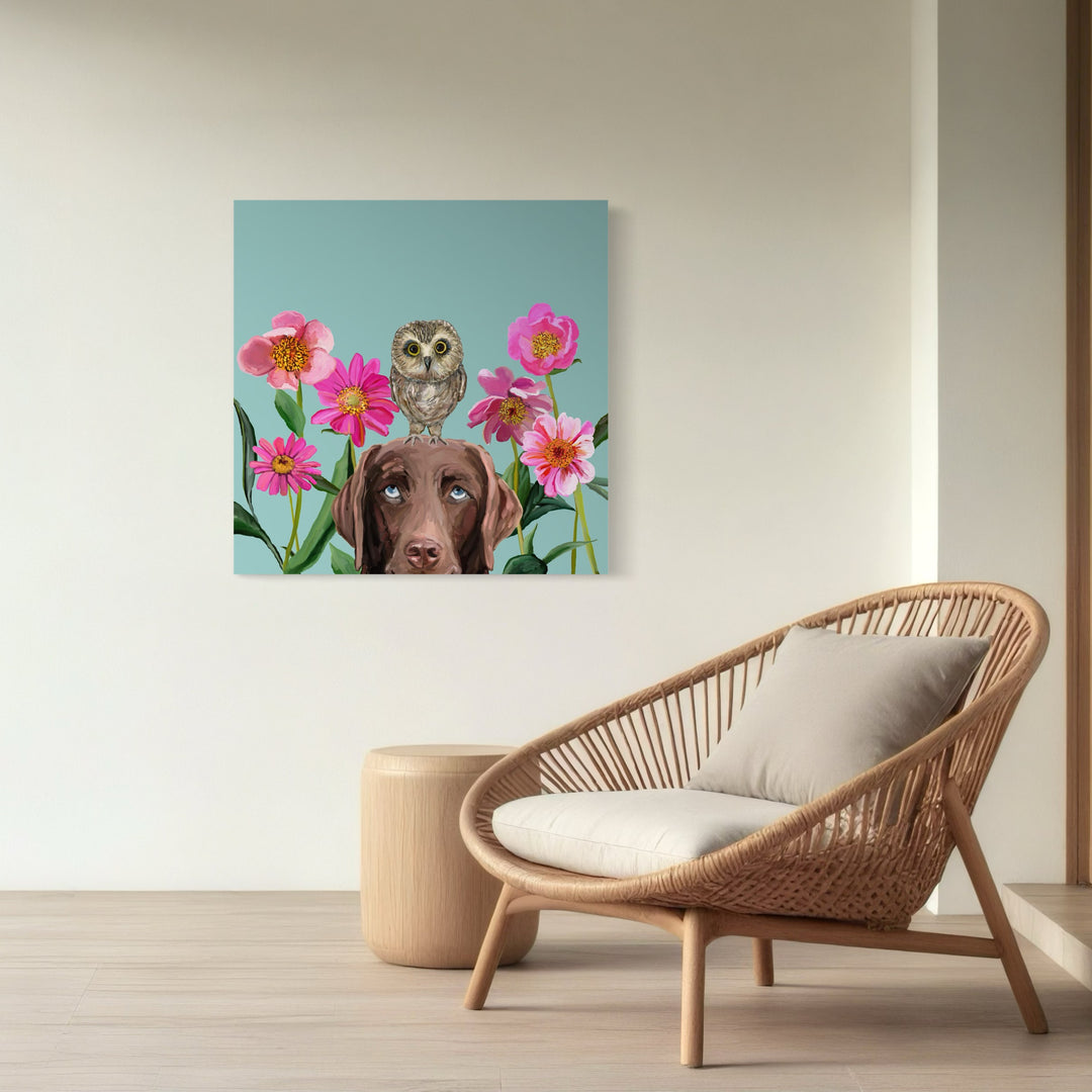 Dogs and Birds - Chocolate Lab on Blue Canvas Wrap