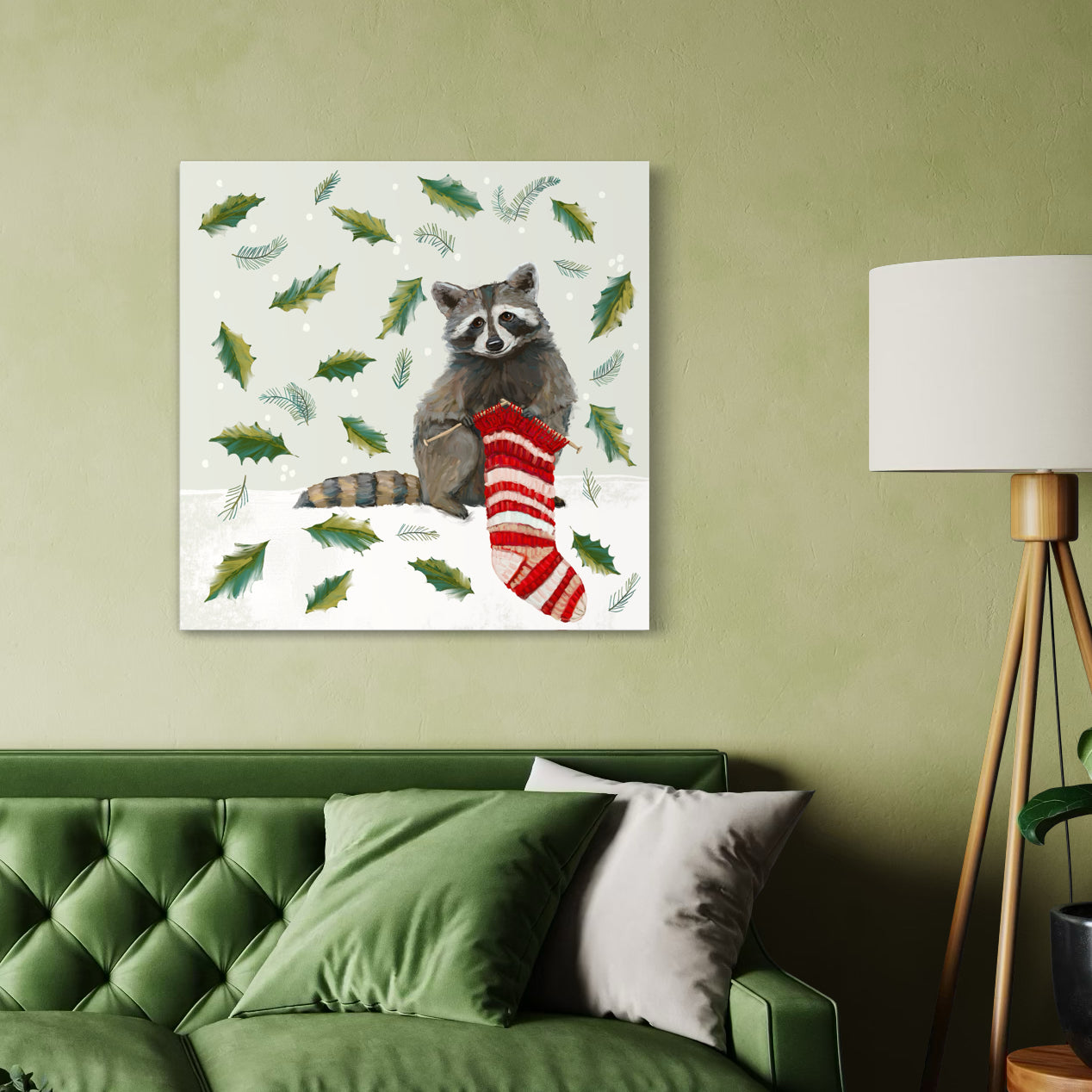 Knitting Raccoon Canvas Wrap