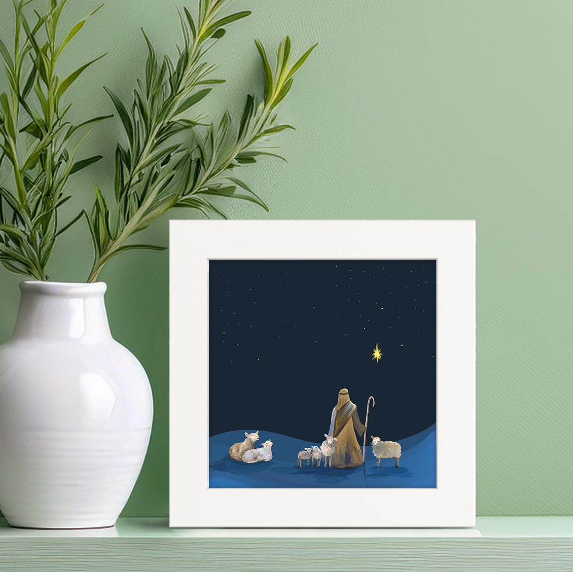 Nativity Sheep and Shepherd Happy Square