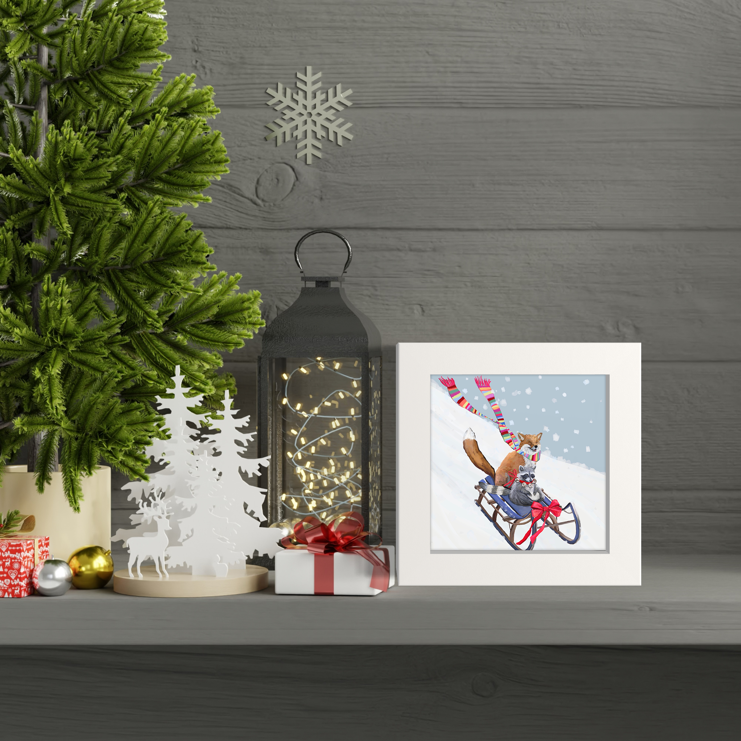 Sledding Fox and Raccoon Happy Square