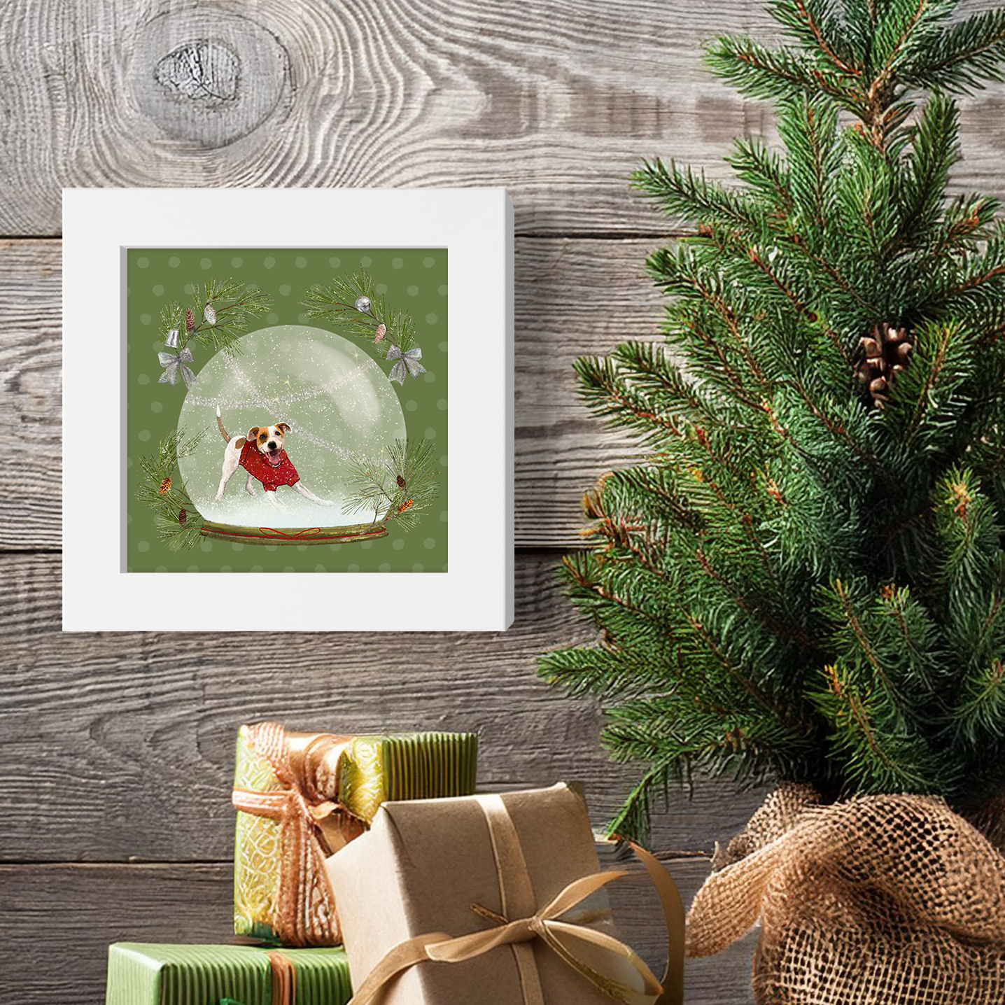 Snowglobe Brown and White Dog Happy Square