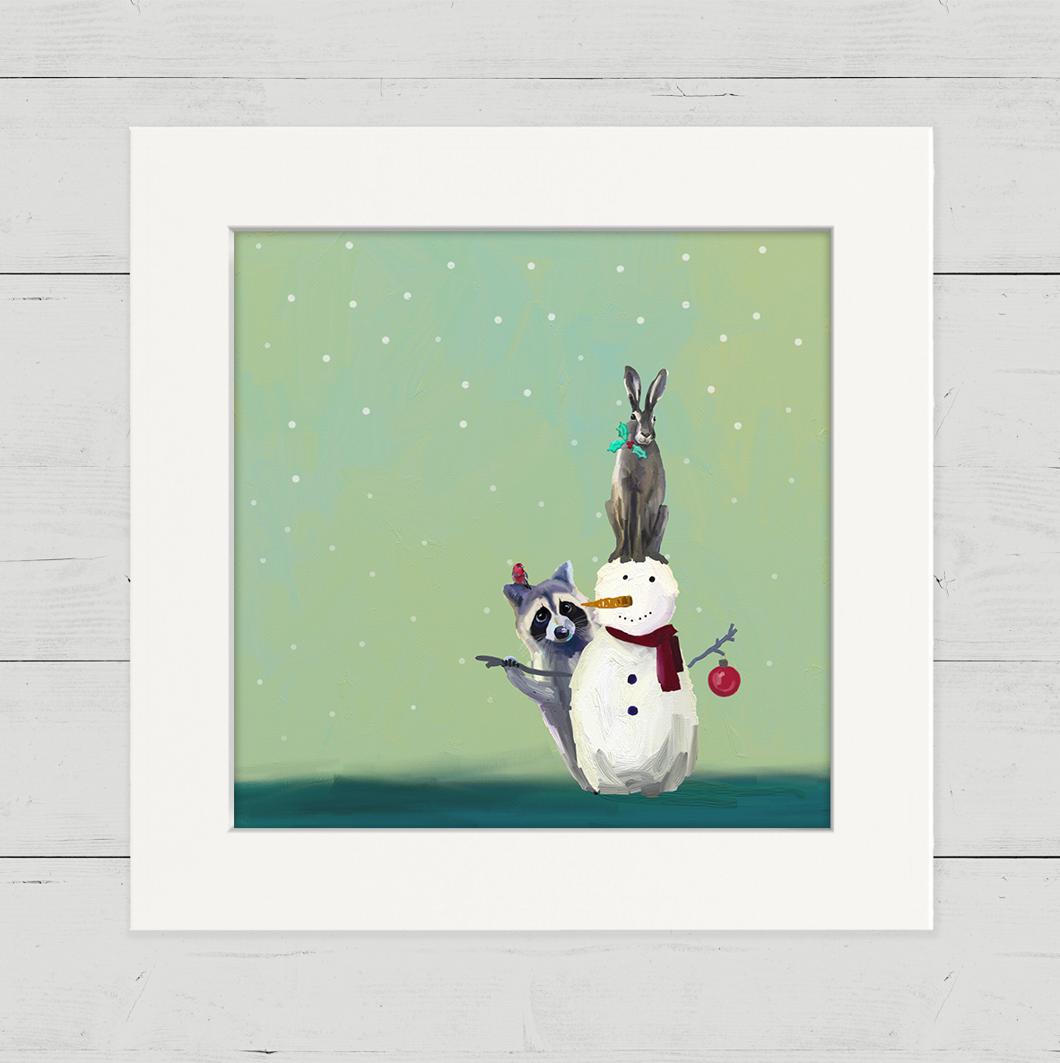 Wondrous Snowman, Raccoon, and Rabbit Happy Square