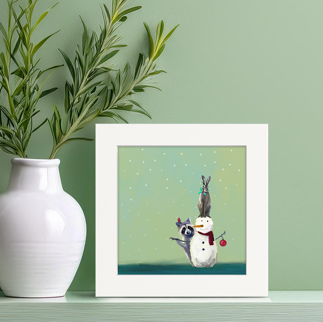 Cathy The Rabbit Wondrous Snowman, Raccoon, and Rabbit Happy Square – Cathy Walters Art