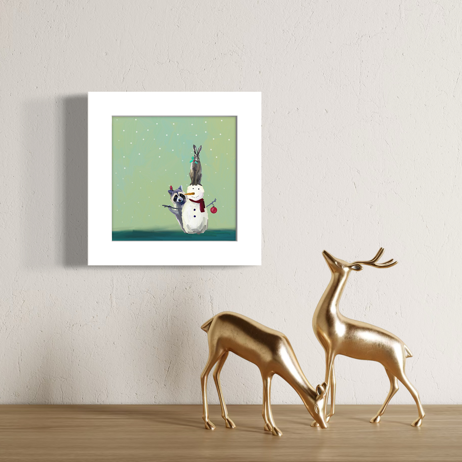 Wondrous Snowman, Raccoon, and Rabbit Happy Square