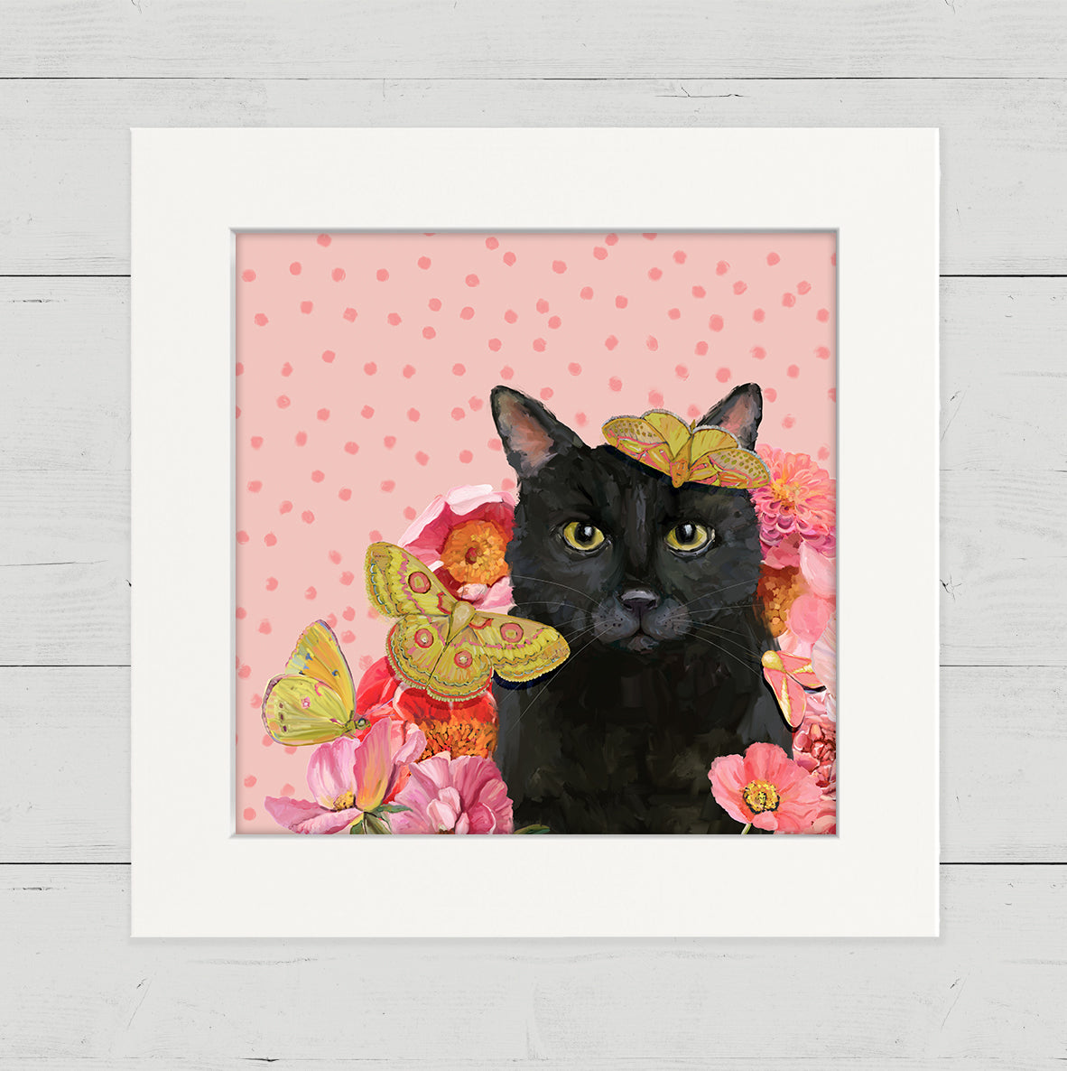 Black Cat Garden on Pink Happy Square