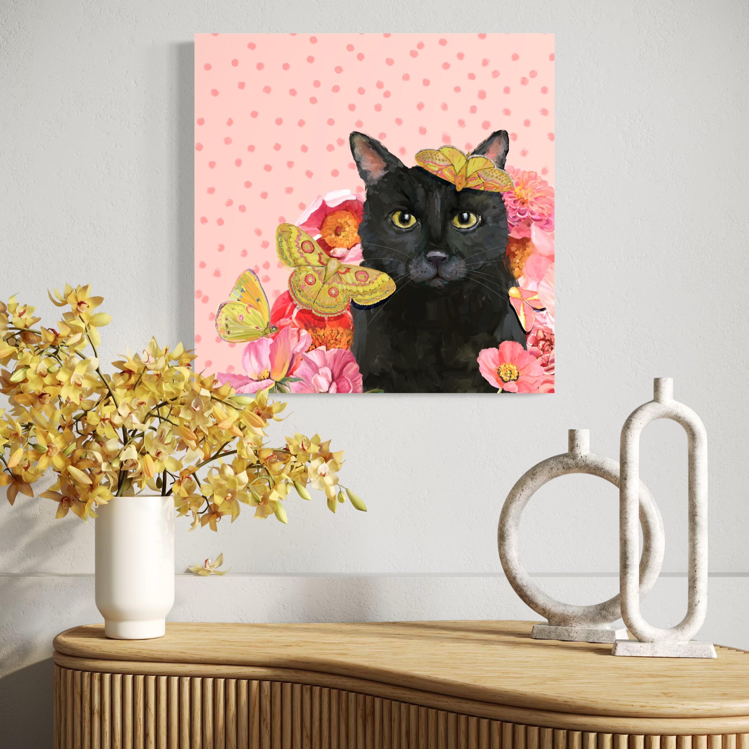 Black Cat Garden on Pink Canvas Wrap