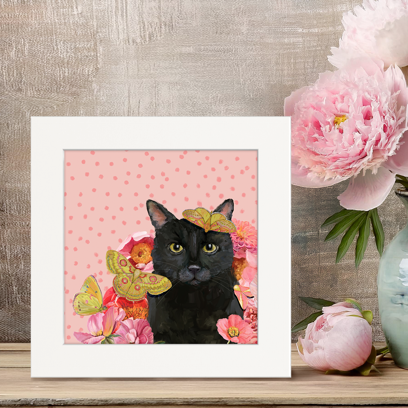 Black Cat Garden on Pink Happy Square