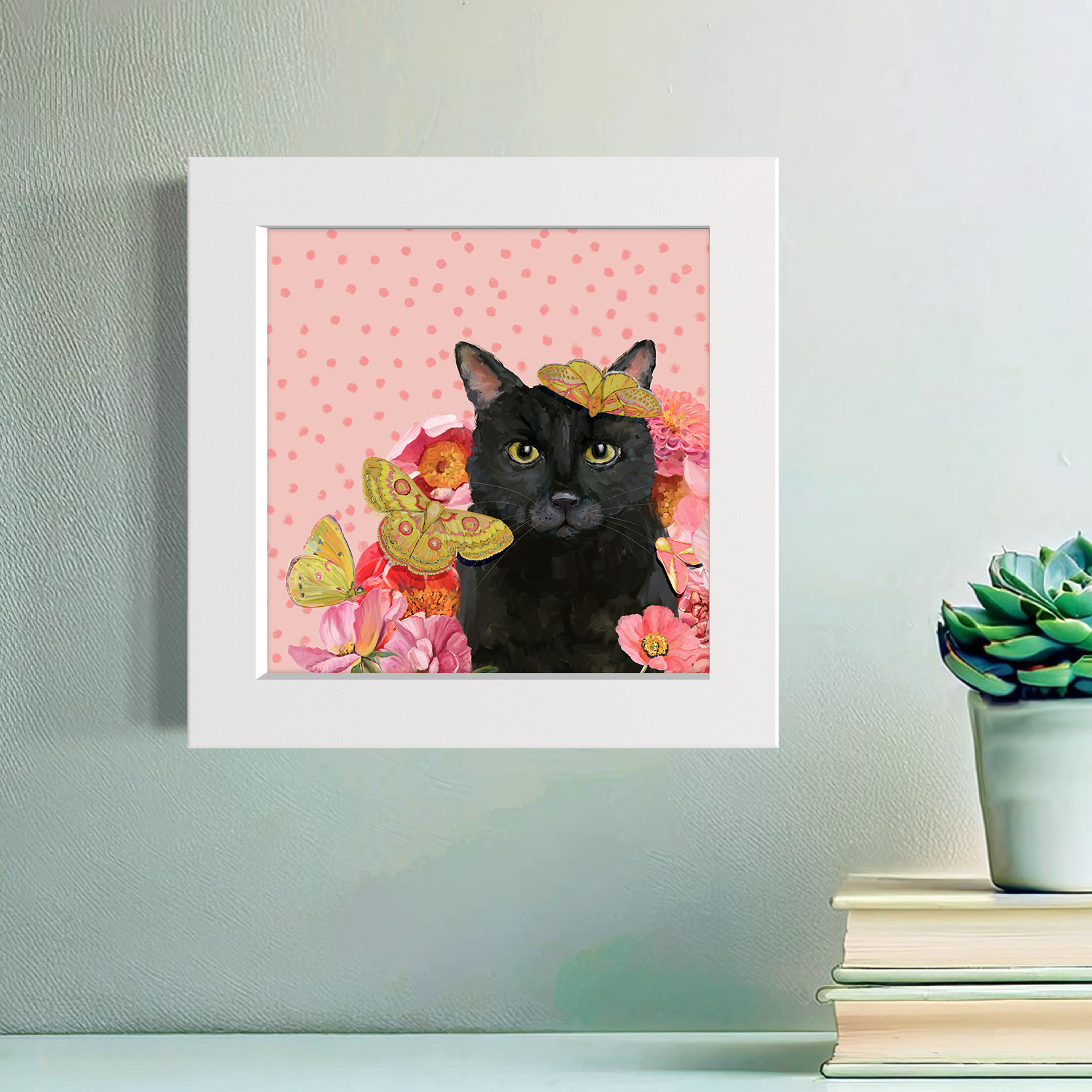 Black Cat Garden on Pink Happy Square