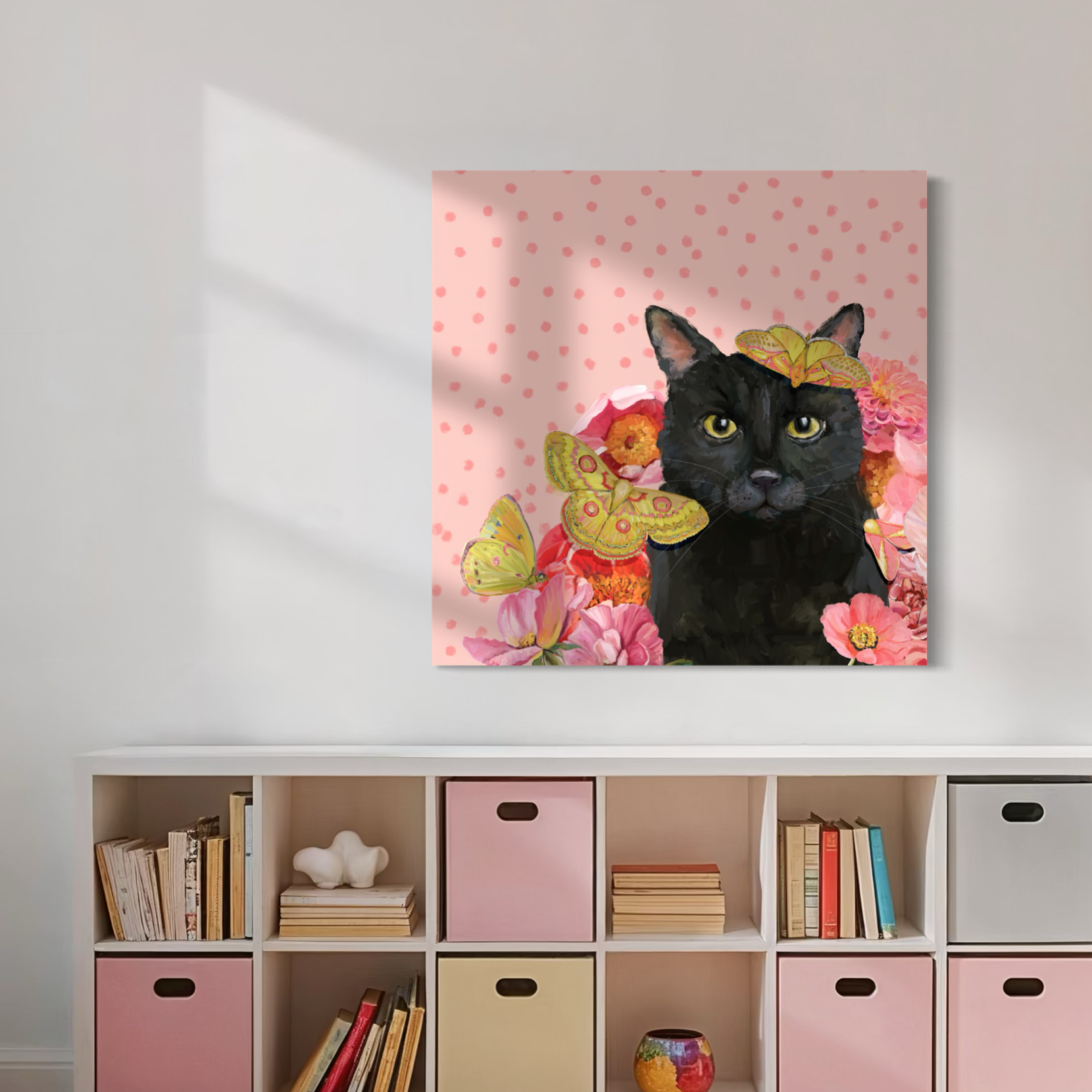 Black Cat Garden on Pink Canvas Wrap