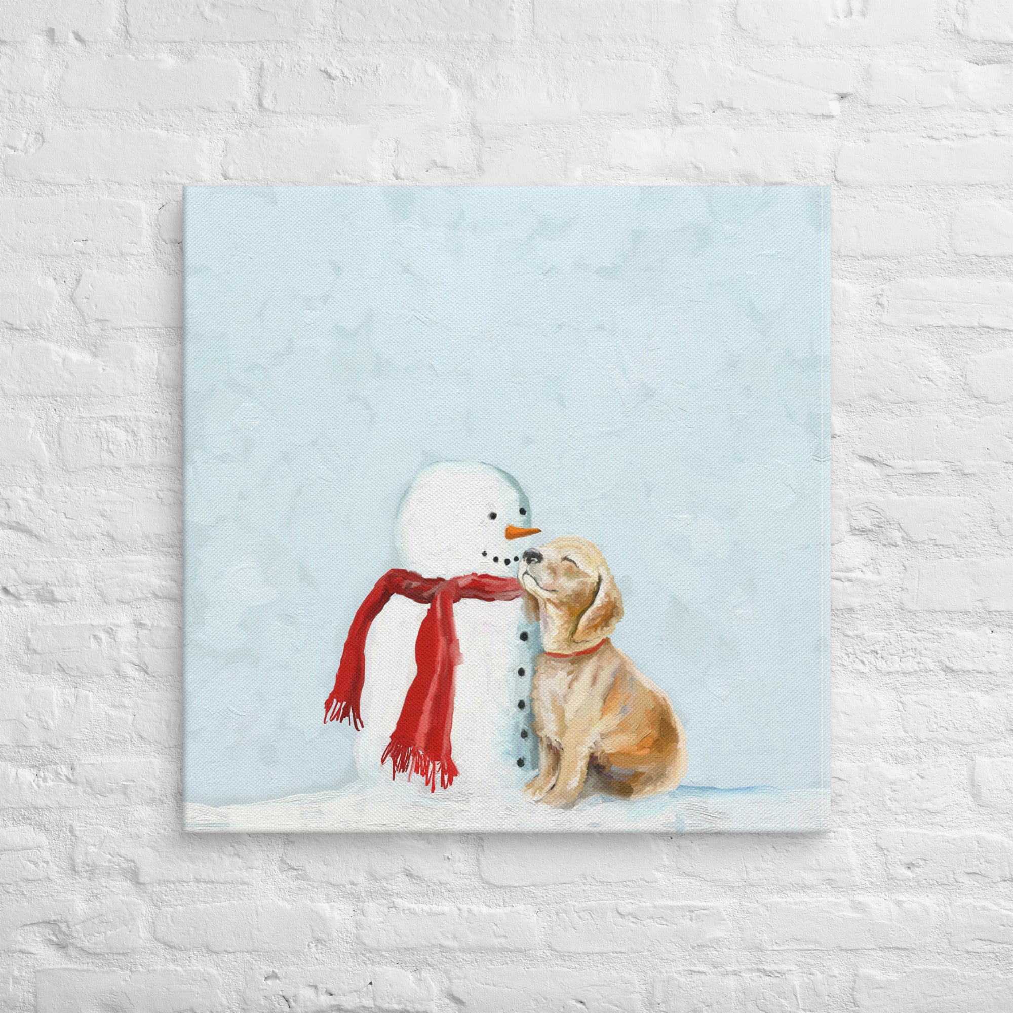 Festive Puppy and Snowman Canvas Wrap