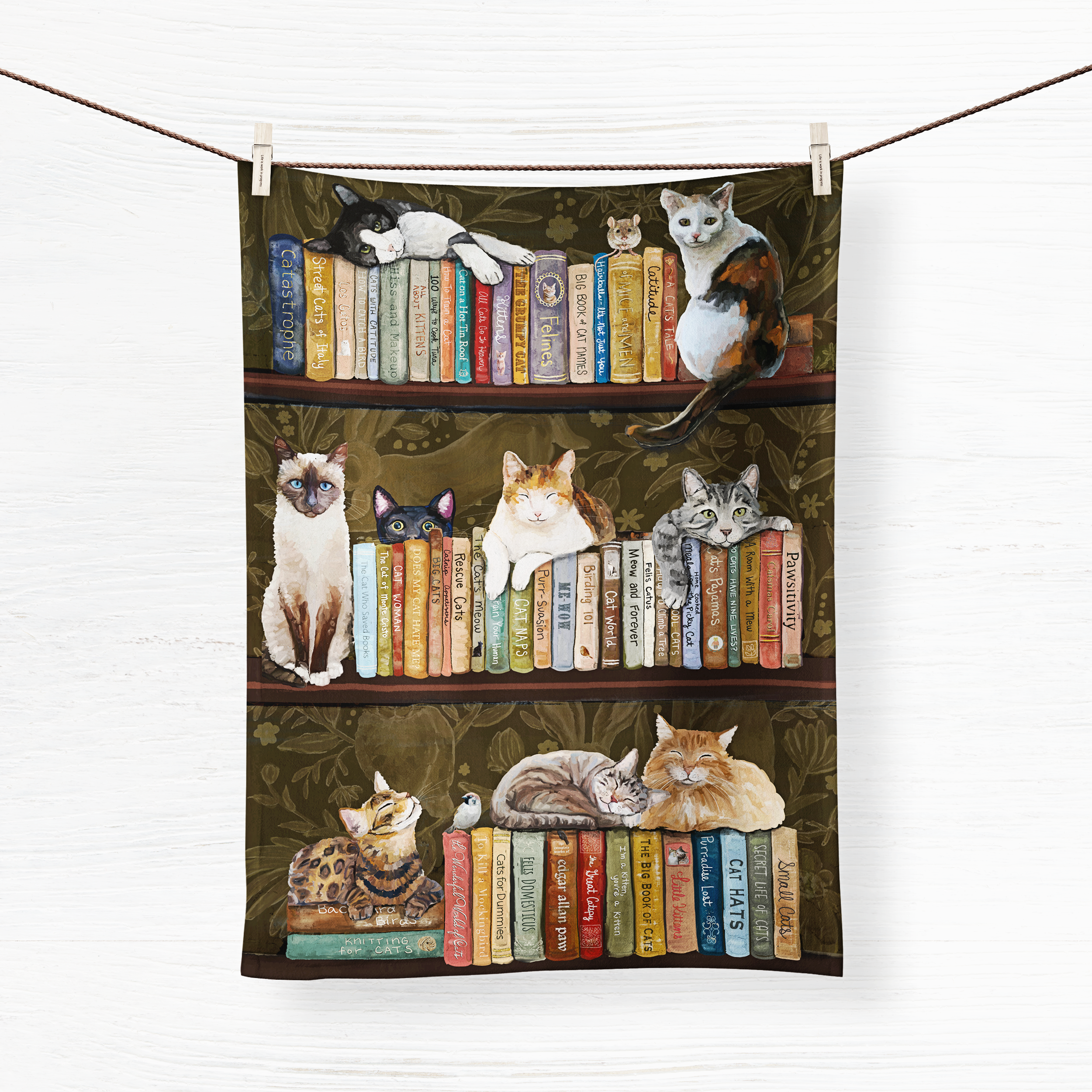 Cats on Books Tea Towel