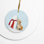 Festive Puppy and Snowman Ceramic Ornament