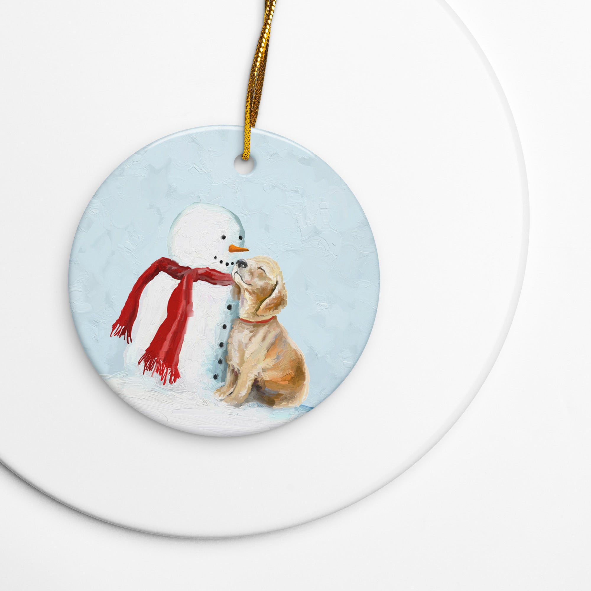 Festive Puppy and Snowman Ceramic Ornament