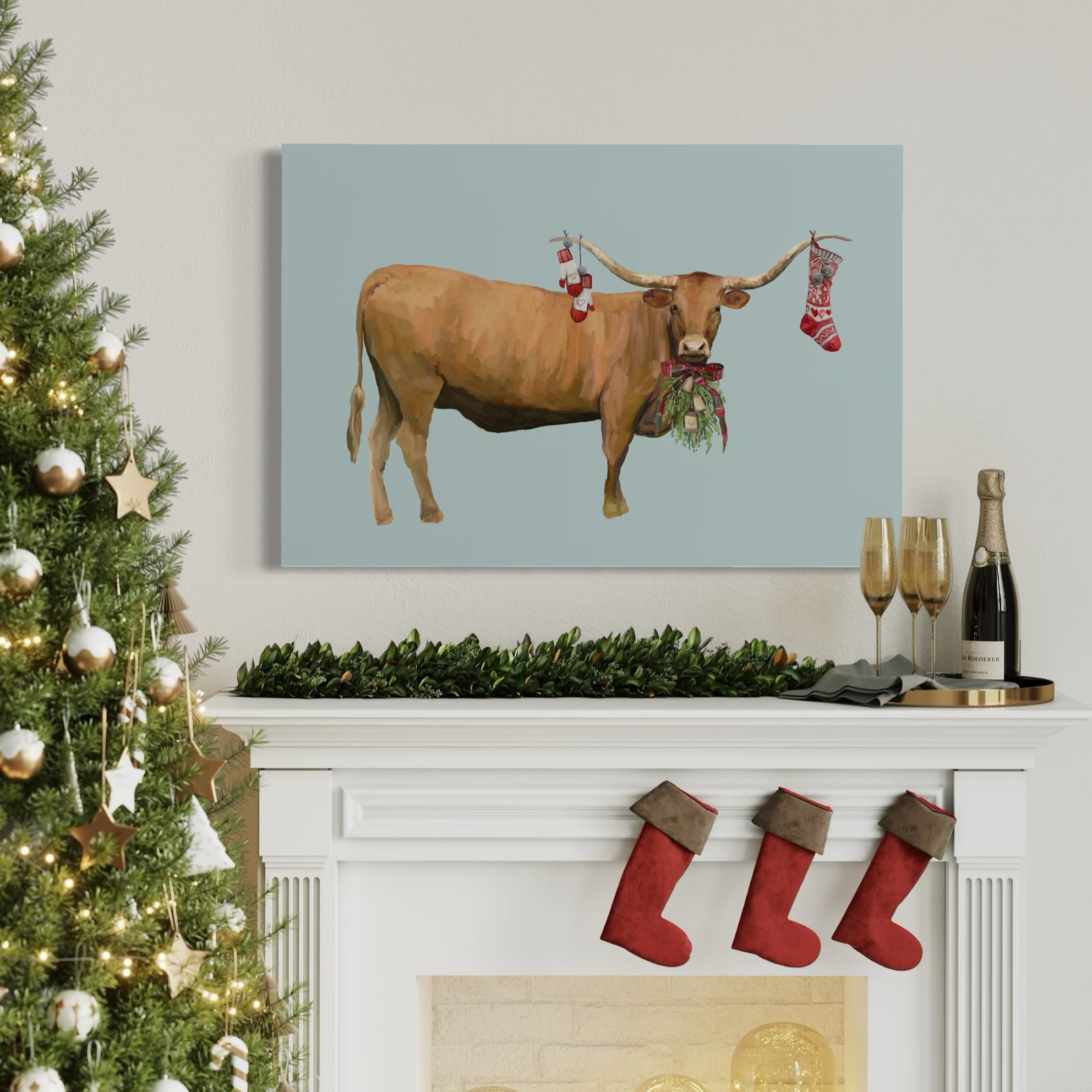 Festive Longhorn Landscape Canvas Wrap
