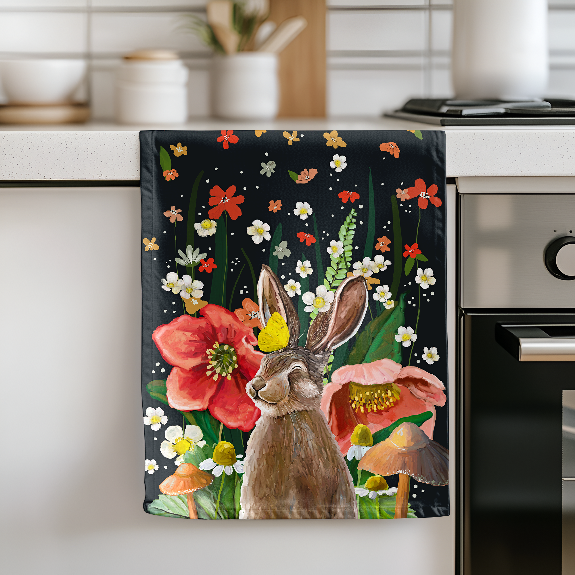 Happy Floral Bunny Tea Towel