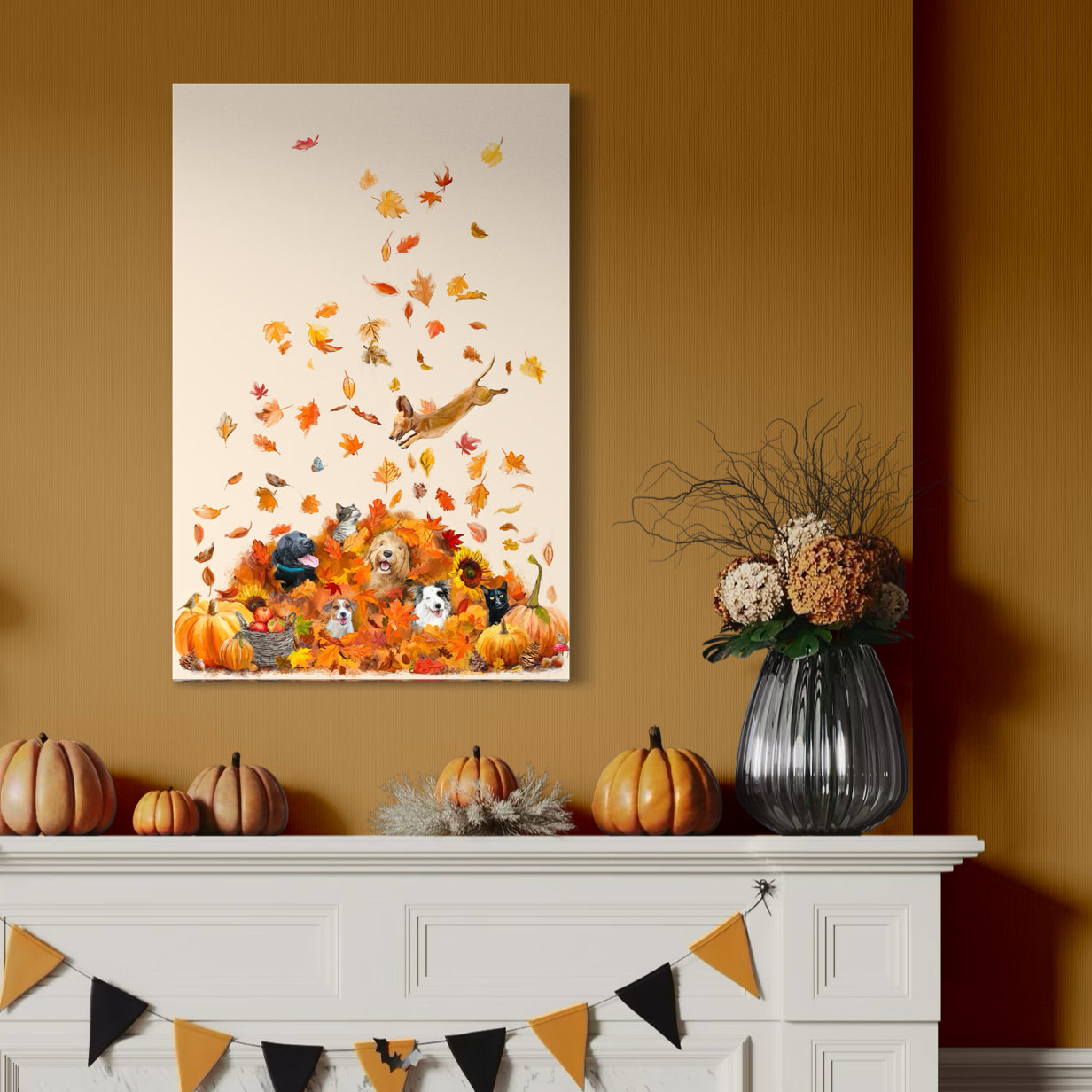 アートワークポスター「Leaf lullaby」・30x30cm・フレーム付き Leaf Pile Pals Canvas Wrap – Cathy Walters Art